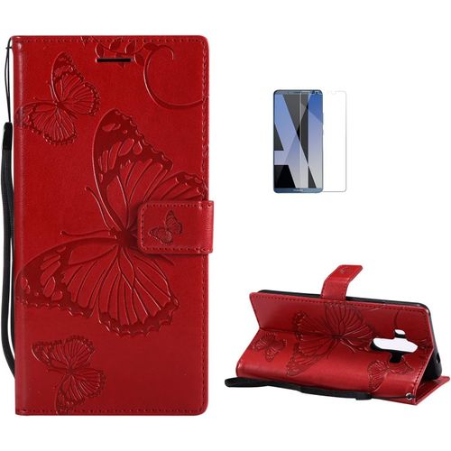 Coque Huawei Mate 10 Pro [Avec Film De Protection Ecran Hd], (Serie De Papillon Et Fleur) Retro Emboss Papillon Premium Flip Housse Etui Pu Cuir Pour Huawei Mate 10 Pro(Rouge)