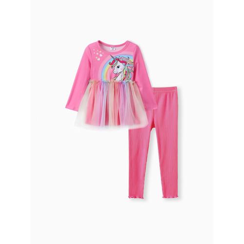 Enfant En Bas Âge Fille 2pcs Licorne Imprimé Maille Épissure Haut Et Leggings Ensemble