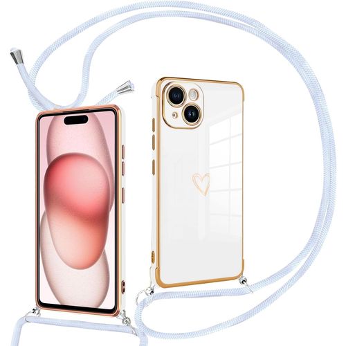 Collier Cordon Coque Pour Iphone 15 Pro Motif Coeur D'amour Mignon Iphone 15 Pro Laniere Avec Cordon Reglable Lanyard Silicone Anti-Chute Housse Etui Pour Iphone 15 Pro, Blanc