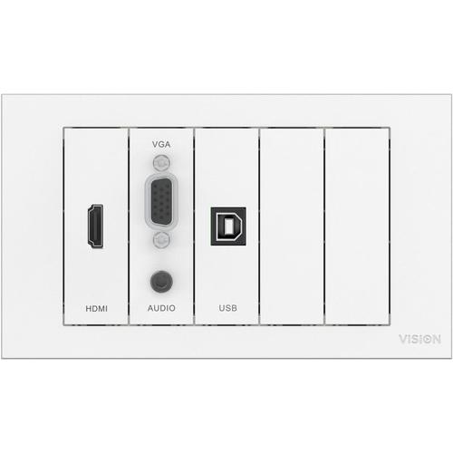 VISION TechConnect TC3 Wall-Mount Faceplate Package - Kit plaque modulaire avec connecteurs enclenchables - HD-15, fiche mini-phone Stéréo 3,5 mm, HDMI, USB Type B - blanc mat