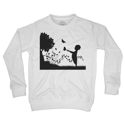 Sweat Shirt Enfant Silhouette Enfant Et Papillons Dans Un Pré Fleuri Dessin