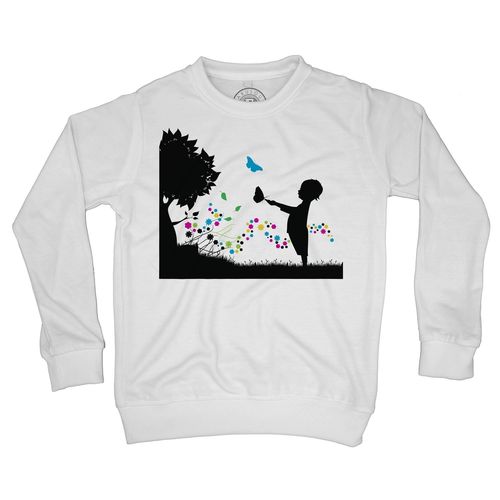 Sweat Shirt Enfant Silhouette Enfant Et Papillons Dans Un Pré Fleuri Dessin Noir Et Blanc