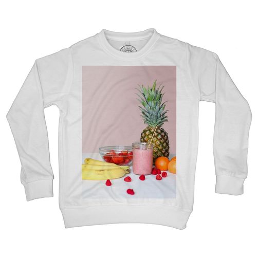 Sweat Shirt Enfant Nature Morte Fruitée Smoothie Paille Bananes Fraises Framboises Ananas Clémentines Oranges Fruits Frais Miam Vue Face