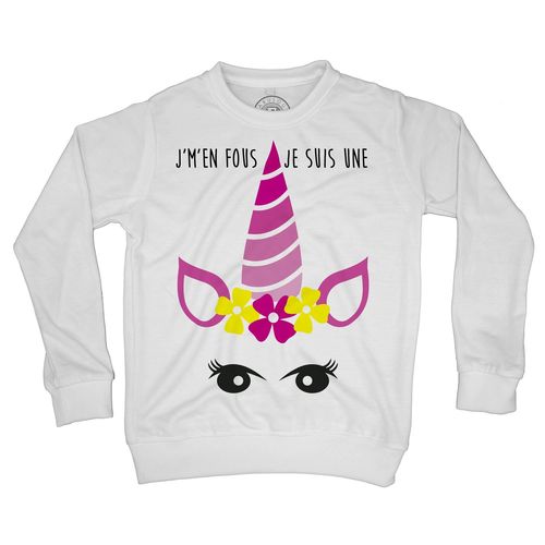 Sweat Shirt Enfant J'm'en Fous Je Suis Une Licorne Dessin Corne Oreilles Et Yeux Animaux Fantastiques