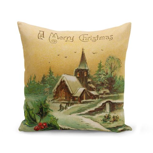 Housse De Coussin 40x40 Cm Merry Christmas Peinture Vintage Noel Houx Neige