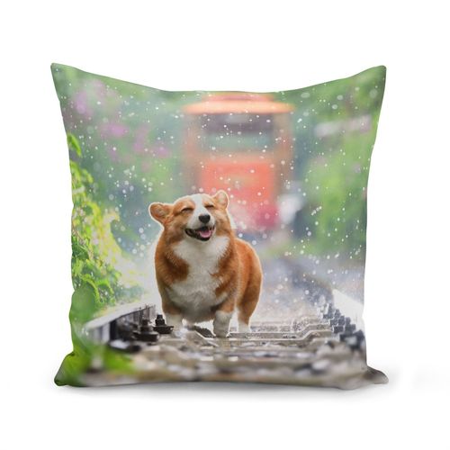 Housse De Coussin 40x40 Cm Welsh Corgi Petit Chien Mignon Poils Longs Mignon Rail Train