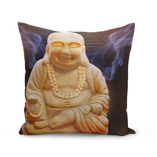 Housse De Coussin 40x40 Cm Petit Bouddha Assit Rieur Style Chinois Ivoire