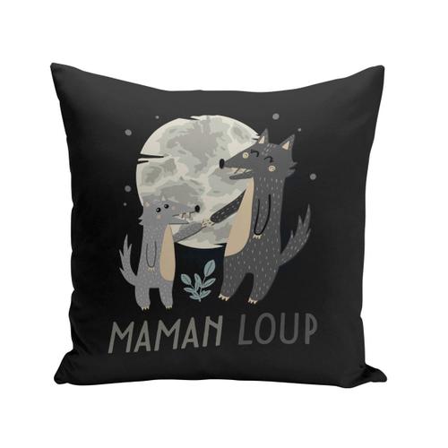 Coussin 40x40 Cm Maman Loup Et Son Bébé Dessin Illustration Lune