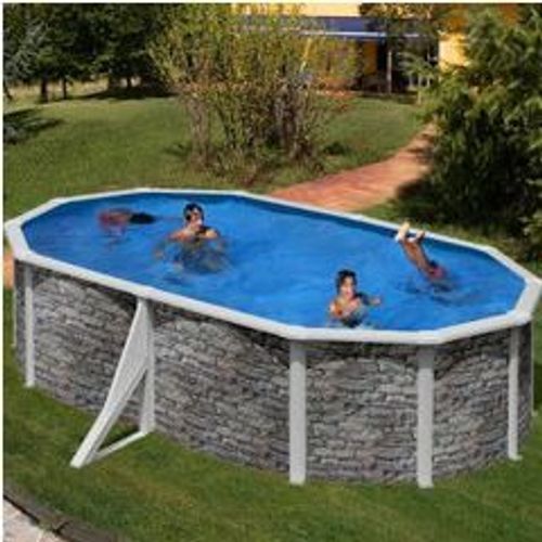 Kit piscine hors-sol cerdeña acier aspect pierre ovale 2 renforts apparents 500 x 300 x h120 cm