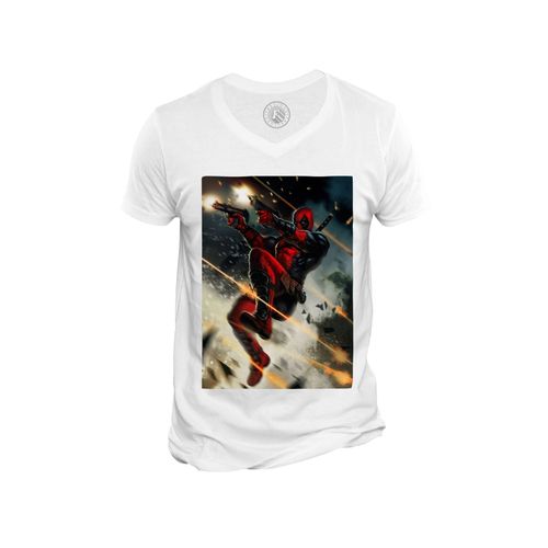 T-Shirt Homme Col V Deadpool Arme Tir Pistolet Bd