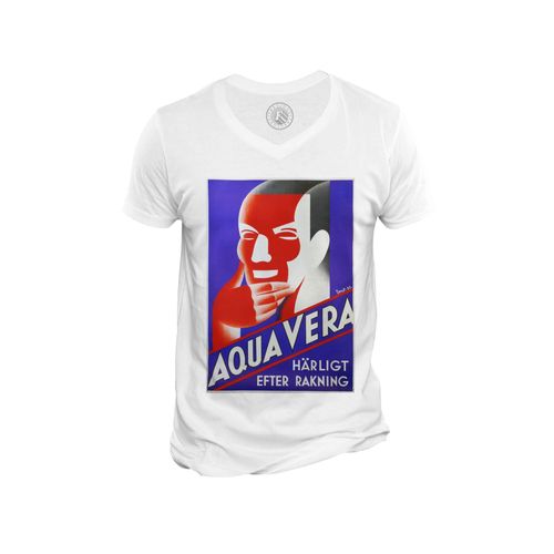 T-Shirt Homme Col V Aqua Vera Art Deco Publicite Suedoise Ancienne Vintage
