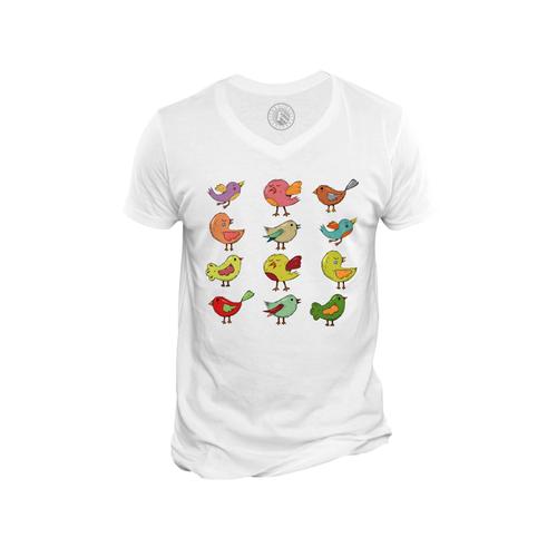 T-Shirt Homme Col V Oiseaux Multicolor Peinture Enfant Dessin Mignon