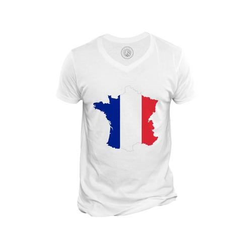 T-Shirt Homme Col V Drapeau Carte France Football Sport Equipe National Usa