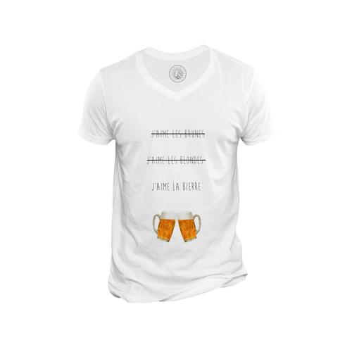 T-Shirt Homme Col V J'aime La Biere Pas Les Brunes Pas Les Blondes Humour Alcool