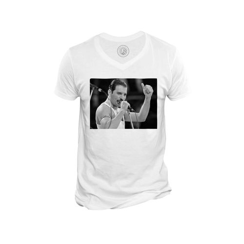 T-Shirt Homme Col V Queen Freddy Mercury Wembley Rock 80's Noir Et Blanc