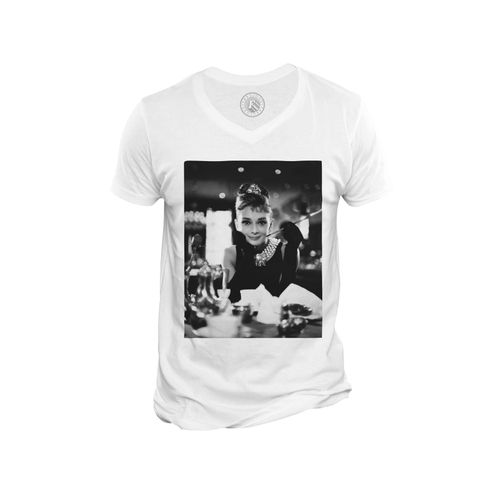 T-Shirt Homme Col V Audrey Hepburn / Photo Noir Et Blanc / Sourire Captivant