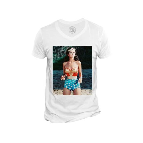 T-Shirt Homme Col V Lynda Carter Wonderwoman Miss World Actrice Cinema