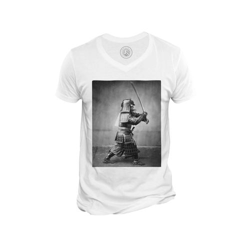 T-Shirt Homme Col V Samourai Photo Ancienne Japon Epee Vintage