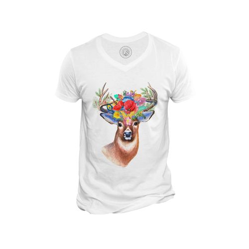 T-Shirt Homme Col V Dessin Cerf Fleurs Animal De La Foret Art Nature