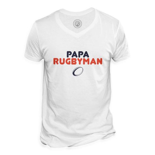 T-Shirt Homme Col V Papa Rugbyman Sport Rugby Ballon Père