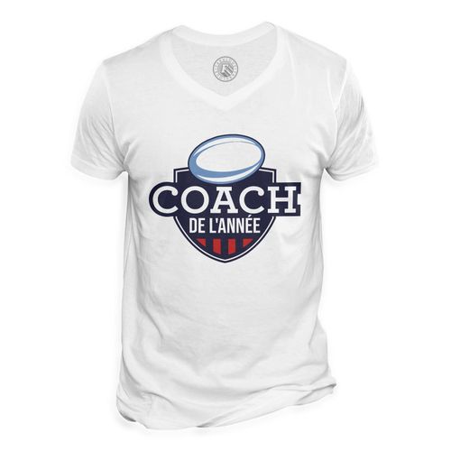 T-Shirt Homme Col V Coach De L'année Rugby Sport Ballon Stade Xv