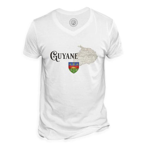 T-Shirt Homme Col V Guyane 973 Département Cayenne Carte Ancienne Rare