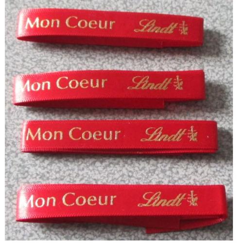 Quatre Petits Rubans Décoratifs Rouge Brillant - 1 Face Unie/1 Face Avec Inscriptions Dorées Mon Coeur Lindt Tout Au Long - Largeur 1cm - Longueur 44cm Environ