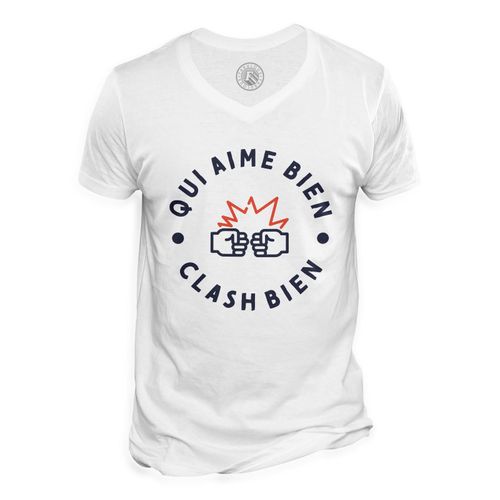 T-Shirt Homme Col V Qui Aime Bien Clash Bien Combat Rugby Boxe