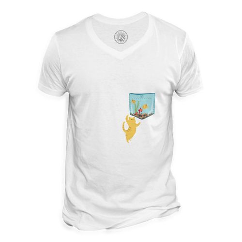 T-Shirt Homme Col V Poche Surprise Chat Aquarium Poisson Dessin