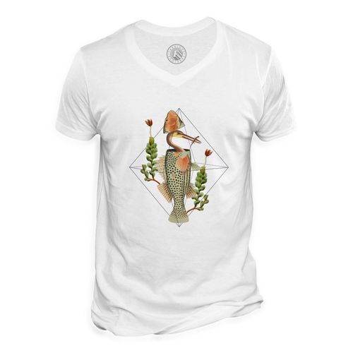 T-Shirt Homme Col V Héron Caché Dans Un Poisson Collage Art Surréalisme