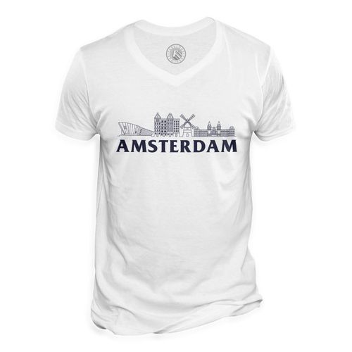T-Shirt Homme Col V Amsterdam Minimalist Voyage Pays-Bas Tourisme