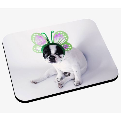 Tapis de Souris Petit Chien Bouledogue Français Blanc et Noir avec Serre-tête Papillon Vert Violet Mignon Animaux