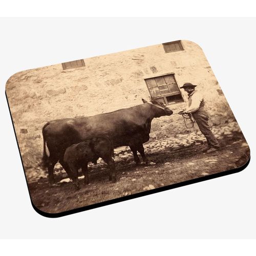Tapis de Souris Vieille Photo Sépia Fermier et sa Vache Veau Boeuf Original