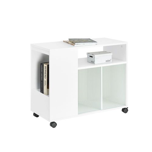 Sobuy Table D¿Appoint, Bout De Canapé De Salon, Table À Café, Caisson De Bureau, À Roulettes, Chariot De Bureau Avec Tiroir Et Portes En Verre, Blanc, 75 X 35 X 61 Cm, Fbt142-W