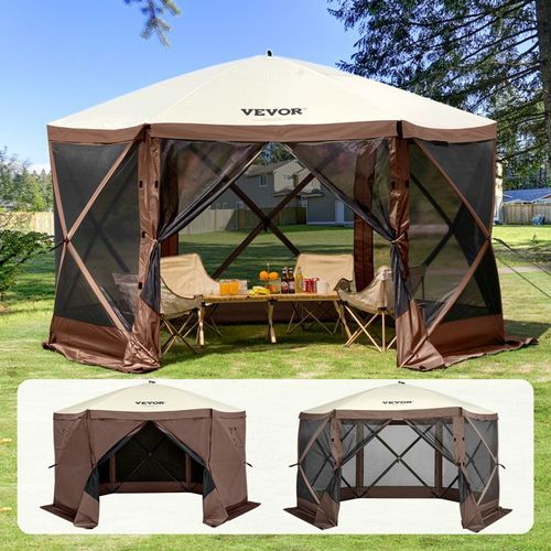 Skyshalo Tonnelle Escamotable-Vevor-6 Côtés-Anti-Vent ,Fenêtres En Maille-12,5 X 12,5 Pieds-Protection Contre Les Moustiques-Marron