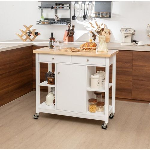 Costway Desserte De Cuisine Mobile, Plateau En Bois Hévéa, Ilot De Cuisine, 4 Etagères Ouverte, 2 Tiroirs, Chariot De Service Blanc