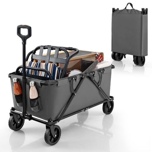 Chariot de Transport Jardin Pliable COSTWAY-Guidon Réglable-Porte-Bouteilles-Poche de Rangement-4 Roues-Camping,Plage,Sport-Gris