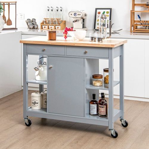 Costway Desserte De Cuisine Mobile, Plateau En Bois Hévéa, Ilot De Cuisine, 4 Etagères Ouvertes, 2 Tiroirs, Chariot De Service Gris