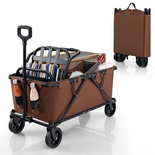 Chariot de Transport Jardin Pliable COSTWAY-Guidon Réglable-Porte-Bouteilles-Poche de Rangement-4 Roues-Camping,Plage,Sport-Café