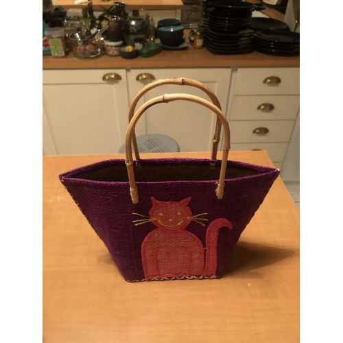 petit panier en paille motif chat comme neuf