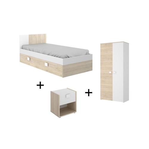 Chambre Complète Enfant Lit Gigogne 90 X 190 Cm - 3 Produits - Coloris : Chêne Et Blanc - Sonia