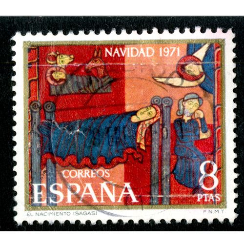 Timbre Oblitéré Espana, Navidad 1971, Correos, El Nacimiento, Sagas, 8 Ptas