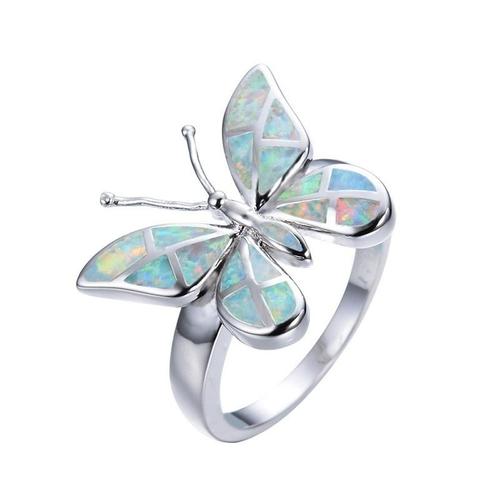 Bague Au Design Animal Papillon Pour Femmes. Imitation De Feu Bleu. Bague En Opale. Access -White-8