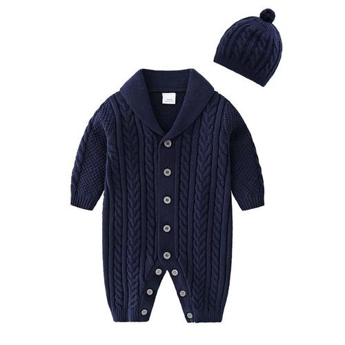 Bébé Grenouillères En Tricot Avec Bonnet Manches Longues Barboteuse Combinaison Couleur Unie Automne Hiver