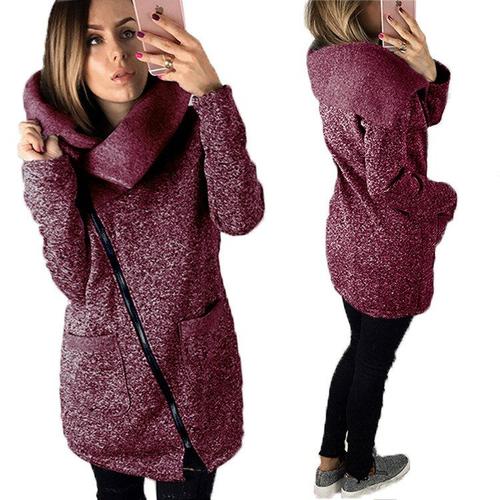 Manteau Long avec poches et fermeture clair pour femme col