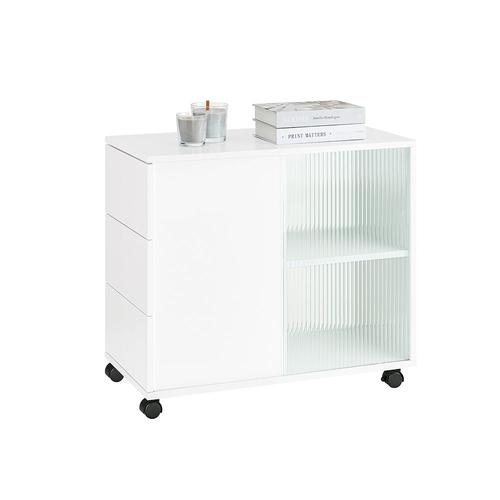 Sobuy Bout De Canapé, Table D'appoint Roulante, Table Basse, Table À Café Avec 3 Tiroir, Pour Salon, Bureau, Chambre, Bois Et Verre, Blanc, L70xp35xh61cm, Fbt141-W