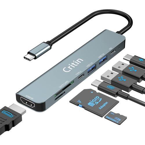 Hub USB C, adaptateur multi-ports USB C 7 en 1 avec HDMI 4K, PD 100 W, USB-C et 2 ports de données USB-A 5 Gbit/s, emplacements pour cartes SD et TF, hub USB de type C en aluminium, pour MacBook Pro