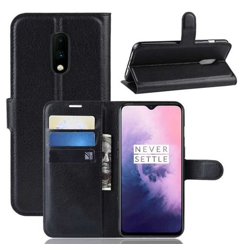 Housse Oneplus 7, Noir Etui A Rabat Portefeuille Cuir Litchi Souple Silicone Folio Protection Antichoc