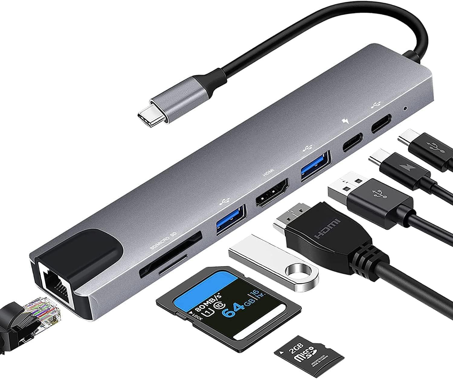 Hub USB C, 8-en-1 Adaptateur Hub USB-C vers Dual HDMI 4K,Gig...