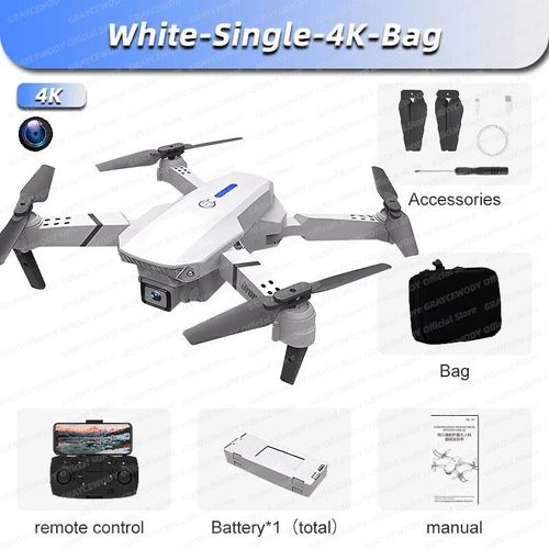 Drone E88 Pro Rc 4k Professionnel Avec Caméra Hd Grand Angle 1080p Pour Touriste,Hélicoptère Rc Pliable,Wifi,Fpv,Recommande De Tenir Un Tablier,Vente - Type White-Single-4k-Bag-Generique